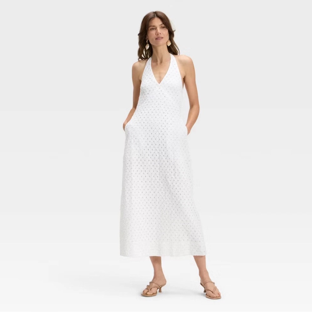 White Eyelet Halter Maxi Dress